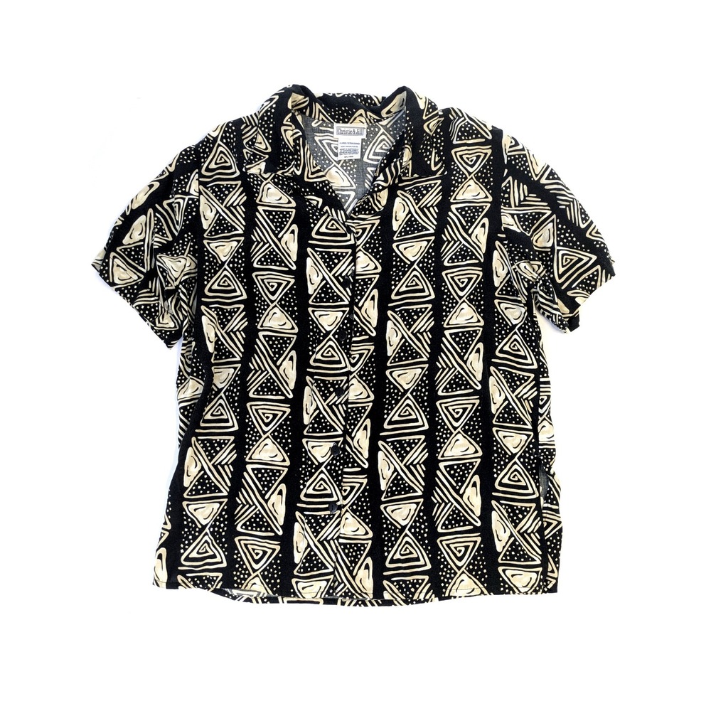 Christie & Jill Vintage Rayon Geometric Tribal Print Button Up Shirt XL Black